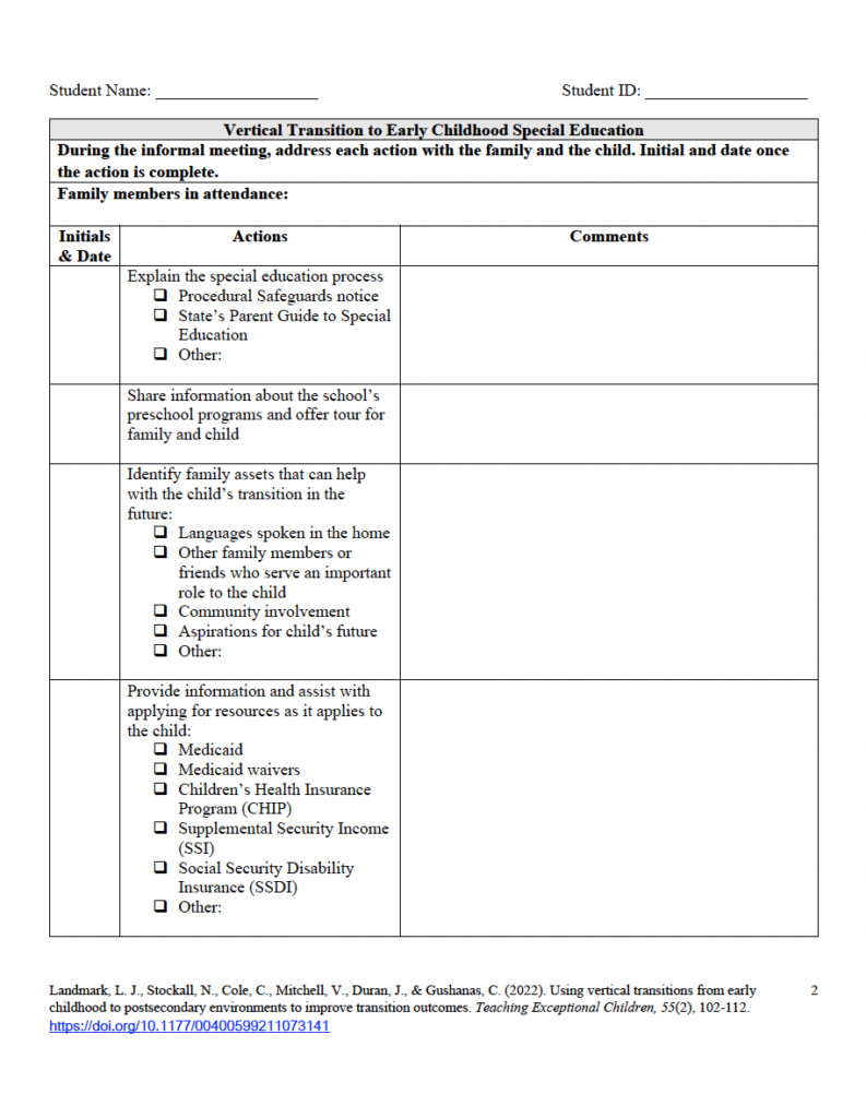 First page of the "Vertical Transitions to Prepare for Post-School Success" tool